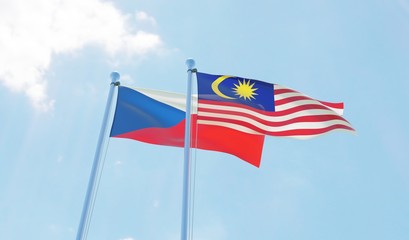 Malaysia and Czech Republic, two flags waving against blue sky. 3d image