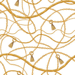 Golden chain glamour seamless pattern illustration. Watercolor texture with golden chains.