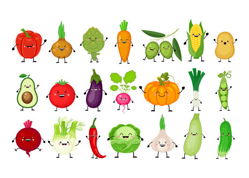 Funny cartoon set of different vegetables. Kawaii vegetables. Smiling pumpkin, carrot, eggplant, bell pepper, tomato, avocado, artichoke, cabbage, fennel, onion, garlic, cucumber, peas, potato