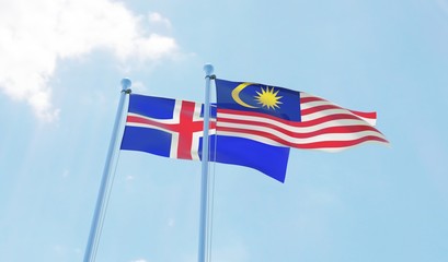 Malaysia and Iceland, two flags waving against blue sky. 3d image