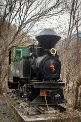 Fototapeta premium Old small steam locomotive on part of railway in the forest like a monument and tourist attraction 