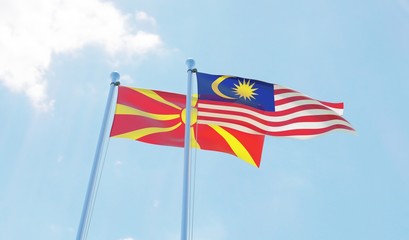 Malaysia and Macedonia, two flags waving against blue sky. 3d image