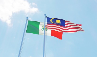 Malaysia and Mexico, two flags waving against blue sky. 3d image