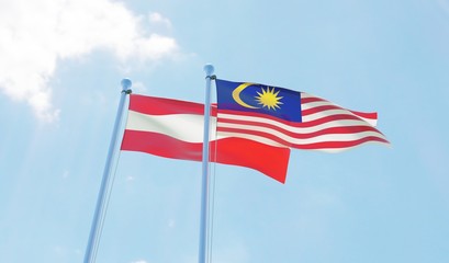 Malaysia and Austria, two flags waving against blue sky. 3d image
