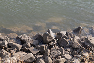 Top view on a river side with some stones