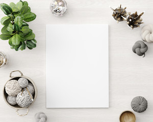 Mock up poster in atelier studio, canvas on table closeup  with various sewing items and fabrics, 3d render