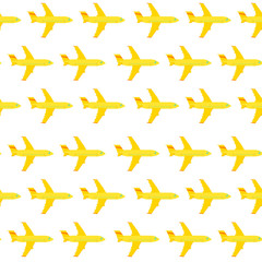 Airplane seamless pattern. Yellow elements on a white background texture. Air travel.