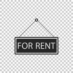 Hanging sign with text For rent icon isolated on transparent background. Flat design. Vector Illustration