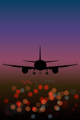 airplane on the background lights of the night city bokeh effect top view at sunset