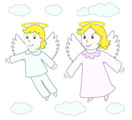 Lovely angels boy and girl fly in the sky clouds. Child hand drawing retro style. Vector icon, prints, textile decoration.