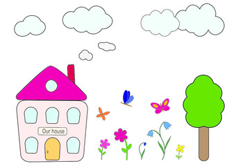 House with smoke chimney and garden with tree, flowers, butterflies, sky with clouds. Child color hand drawing style