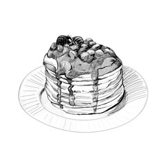 Hand drawn stack of pancakes with fruit on plate. Black and white colors. Food and menu concept. Vector illustration. Delicious dessert