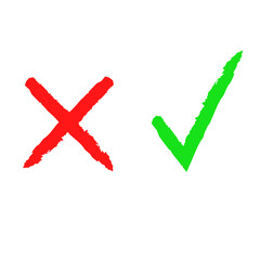Yes and no symbol. Green check mark and red cross against white background. Vector illustation. Checklist mark. Tick icon set