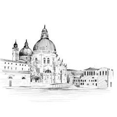 Cathedral Santa Maria della Salute in Venice, Italy. Vector drawing. City landscape. Europe. Tourist attraction. Historic place