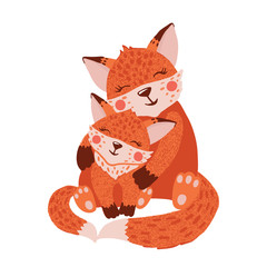 Cute hand drawn happy fox family on white.