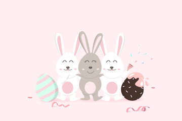 Easter, happy greeting card holiday, confetti decoration celebrate party poster, adorable rabbit with egg fancy, cute bunny cartoon invitation vector illustration