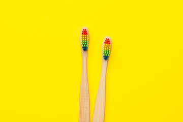 Image of two wooden toothbrushes with rainbow-colored bristles.