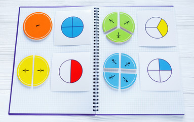 Colorful bright fractions in mathematics on white wooden table. interesting math for kids children. Education, back to school concept