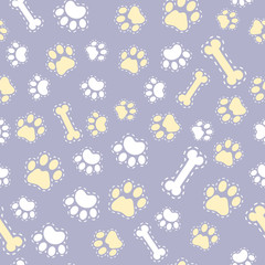 Vector seamless pattern with dog paw, bones, cat tracks. Stickers style pet background. Can be used for wrapping paper for shop zoo, web or design of banners, print on clothes for boys and girls.