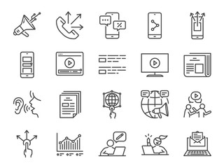 Advertising line icon set. Included icons as advertise, online marketing, blogger, influencer, mobile marketing and more.