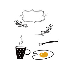 graphic drawing dishes with scrambled eggs food, text and banner