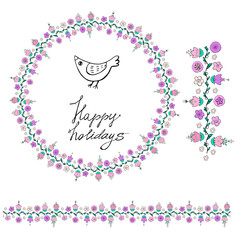  Happy holiday. Summer. Spring. Gentle flowers on a white background pastel colors. Seamless brush, wreath. Little bird Doodle