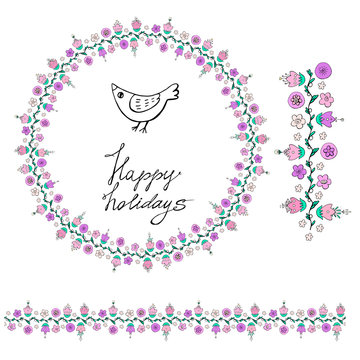  Happy holiday. Summer. Spring. Gentle flowers on a white background pastel colors. Seamless brush, wreath. Little bird Doodle