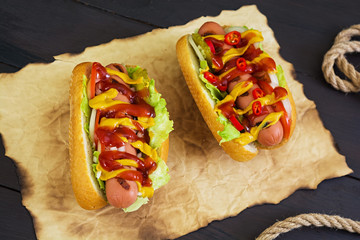 Delicious homemade hot dog on dark background