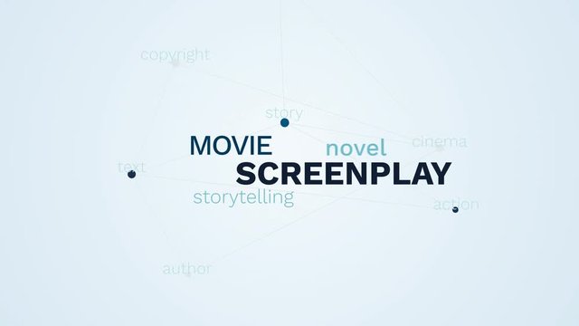 screenplay movie storytelling novel cinema proofreading story action text author copyright animated word cloud background in uhd 4k 3840 2160.