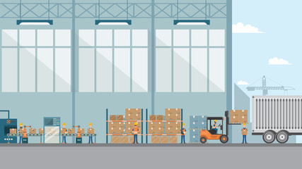 smart industrial factory in a flat style with workers, robots and assembly line packing - obrazy, fototapety, plakaty
