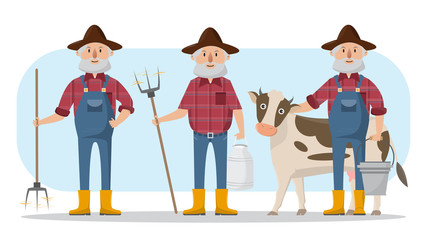 happy farmer family cartoon character in organic rural farm