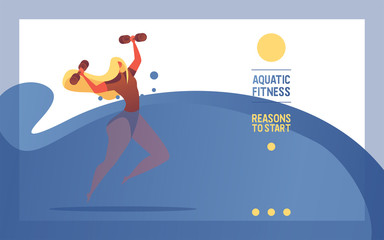 Vector horizontal flat illustration with water aerobics concept. Young woman with dumbbells in abstract water pool. Landing page or banner good for healthy swimming pool ad or promotion