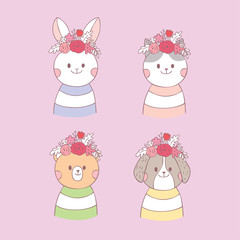 Cartoon cute sweet animal and flower vector.