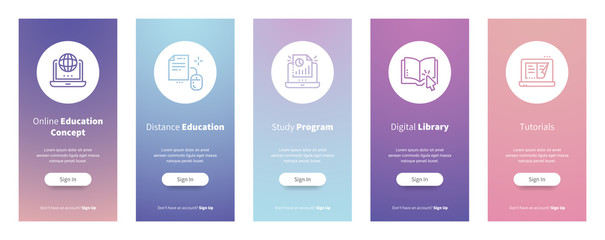 Online education concept, Distance education, Study program, Digital library, Tutorials Vertical Cards with strong metaphors.