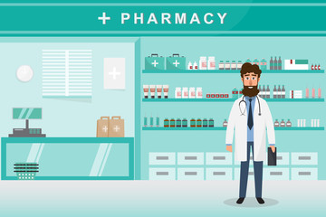 pharmacy with doctor in counter. drugstore cartoon character