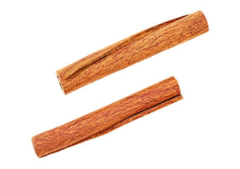 Two aromatic cinnamon sticks on white background
