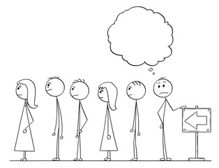 Cartoon stick figure drawing conceptual illustration of man waiting in line or queue with empty or blank speech bubble or text ballon above.