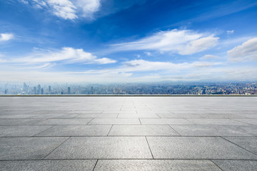 Panoramic city skyline and buildings with empty square floor in Shanghai,high angle view