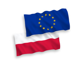 National vector fabric wave flags of Poland and European Union isolated on white background. 1 to 2 proportion.