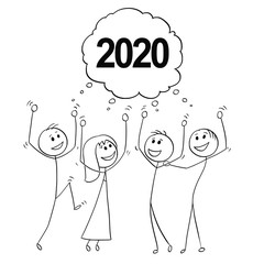 Cartoon stick figure drawing conceptual illustration of group of business people celebrating new year 2020.