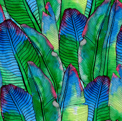 Seamless patterns with tropical leaves. watercolor background with banana leaves