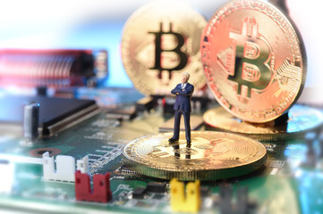 Golden Bitcoins. New virtual money. Studio shot