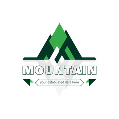 Green geometric mountains logo template. For sports shops, tourism and nature reserves. Creative and modern symbol for company identity, advertising, poster, leaflet, banner, web and flyer.