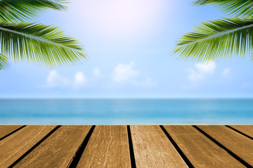 wood top table sea and beach