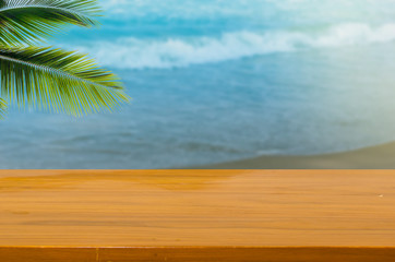 wood top table sea and beach