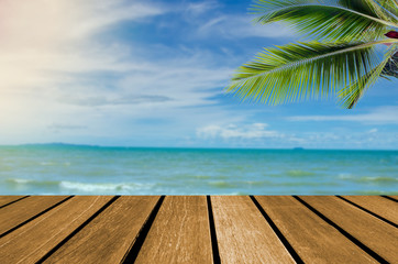 wood top table sea and beach