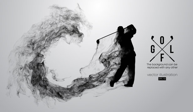 Abstract silhouette of a golf player, golfer on the white background from particles, dust, smoke, steam. Golfer kicks the ball. Background can be changed to any other. Vector illustration