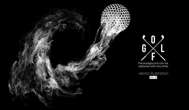 Abstract silhouette of a golf ball on the dark, black background from particles, dust, smoke, steam. Golf player, golfer. Background can be changed to any other. Vector illustration