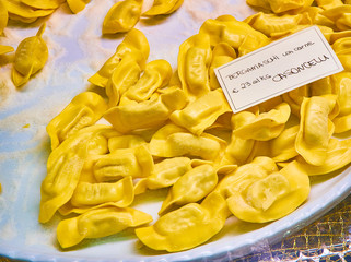 Homemade Casoncelli Meat fillings for sale in a shop. Fresh stuffed pasta typical of the culinary tradition of Lombardy. Italy.