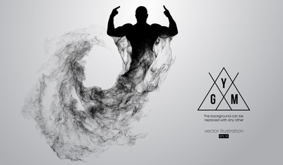 Abstract silhouette of a bodybuilder. gym logo on the white background from particles, dust, smoke, steam. Bodybuilder training. Background can be changed to any other. Vector illustration